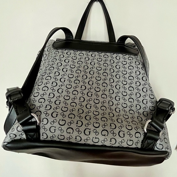 GUESS Black and Grey Faux Leather Signature Logo Casual Drawstring Backpack Bag - Picture 7 of 13
